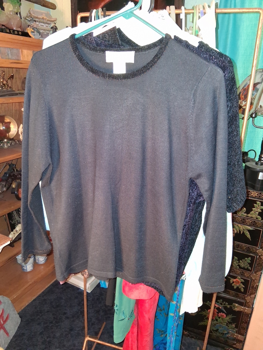 Susan Bristol Black Crewneck Sweater with Subtle Trim